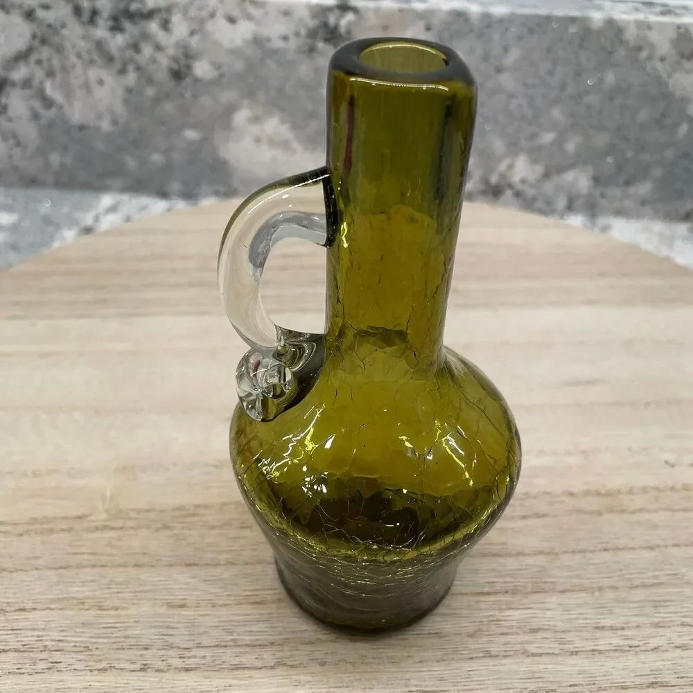Vintage Pilgrim Olive Green Crackle Glass Mini Pitcher MCM Hand Blown 5.25